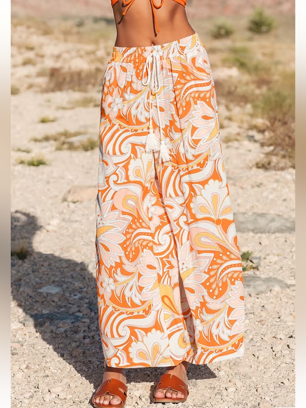 Cupshe Orange Paisley Elastic Waist Wide Leg Pants